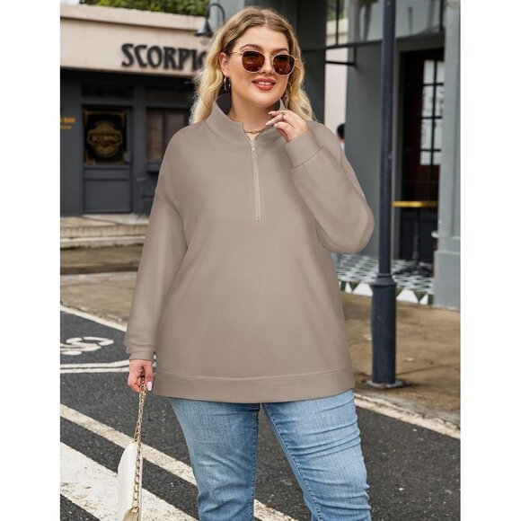 Plus Size Sweatshirt Women Polyester Spandex Pockets Quarter Zip Oversized - Picture 3 of 7